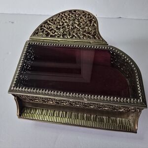 Vintage, Rare Gold-tone Metal Filigree Piano-shaped Jewelry Box, Trinket